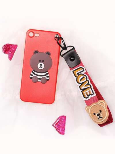 Стильний брелок на телефон ремінець ведмедик love червоний. Зображення товару, вид 2