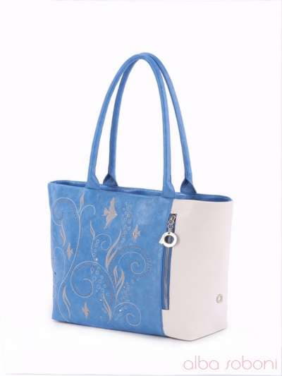 Літня сумка з вышивкою, модель 160013 блакитний-білий. Зображення товару, вид ззаду.