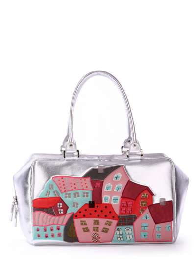 Молодіжна сумка - саквояж з вышивкою, модель 171401 срібло. Зображення товару, вид спереду.