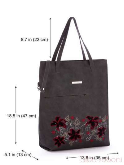 Брендова сумка з вышивкою, модель 170116 темно сірий. Зображення товару, вид додатковий.