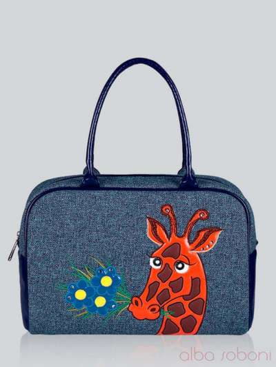 Літня сумка - саквояж з вышивкою, модель 141234 льон синій. Зображення товару, вид спереду.