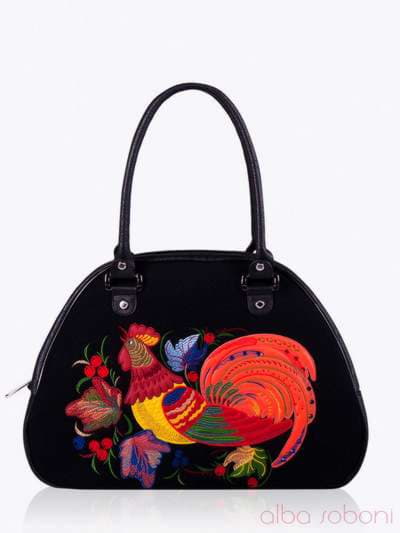 Стильна сумка - саквояж з вышивкою, модель 152305 чорний. Зображення товару, вид спереду.