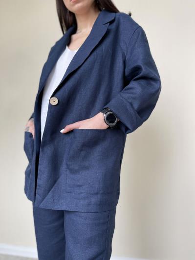 Фото товара: лляний жіночий піджак темно-синій. Фото - 5.