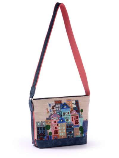Стильна сумка з вышивкою, модель 170296 бежевий-синій. Зображення товару, вид спереду.