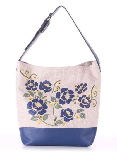 Літня сумка з вышивкою, модель 180233 бежевий-синій. Зображення товару, вид спереду.