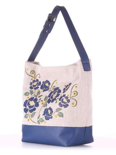 Літня сумка з вышивкою, модель 180233 бежевий-синій. Зображення товару, вид збоку.