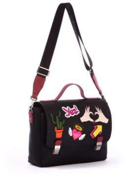 Брендова молодіжна сумка-портфель з вышивкою, модель 171336 чорний. Зображення товару, вид спереду.