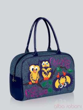 Модна сумка - саквояж з вышивкою, модель 141230 льон синій. Зображення товару, вид збоку.