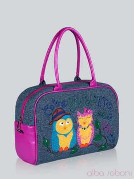Молодіжна сумка - саквояж з вышивкою, модель 141231 льон синій. Зображення товару, вид збоку.