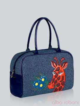 Літня сумка - саквояж з вышивкою, модель 141234 льон синій. Зображення товару, вид збоку.