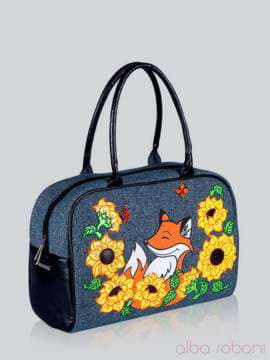 Стильна сумка - саквояж з вышивкою, модель 141235 льон синій. Зображення товару, вид збоку.