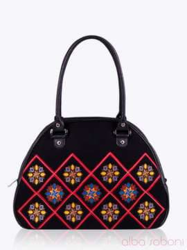 Стильна сумка - саквояж з вышивкою, модель 152304 чорний. Зображення товару, вид спереду.