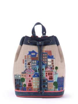 Жіночий рюкзак з вышивкою, модель 170286 бежевий-синій. Зображення товару, вид спереду.