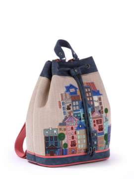 Жіночий рюкзак з вышивкою, модель 170286 бежевий-синій. Зображення товару, вид збоку.