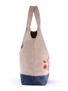 Брендова сумка з вышивкою, модель 170273 бежевий-синій. Зображення товару, вид збоку.