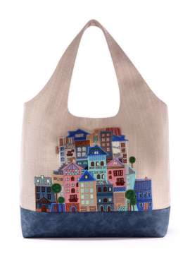 Стильна сумка з вышивкою, модель 170276 бежевий-синій. Зображення товару, вид спереду.