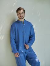 Фото товара: льняная мужская рубашка с воротником стойка джинс. Фото - 1.